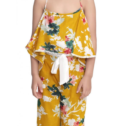 Generic Girl's Rayon Floral Shoulder Straps Jumpsuit (Mustard)