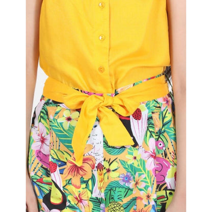 Generic Girl's Rayon Flamingo Print Sleeveless Jumpsuit (Yellow-Multicolor)