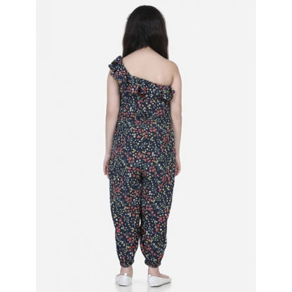 Generic Girl's Polyester Moss Floral Sleeveless Jumpsuit (Multicolor)