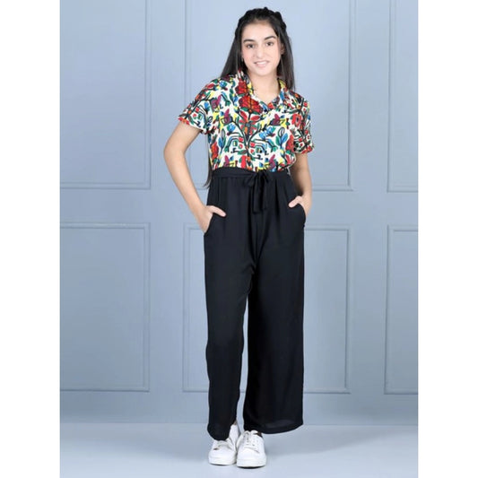 Generic Girl's Polyester Printed Short Sleeves Jumpsuit (Multicolor-Black)