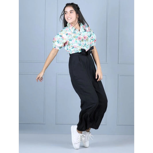 Generic Girl's Polyester Floral Short Sleeves Jumpsuit (Green-Black)