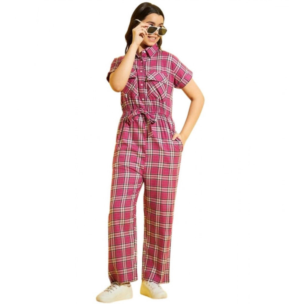 Generic Girl's Cotton Checkered Short Sleeves Jumpsuit (Pink)