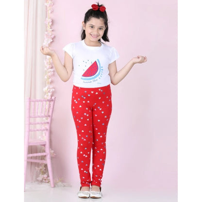 Girl's Cotton Lycra Embellished Elasticated Leggings (Red)