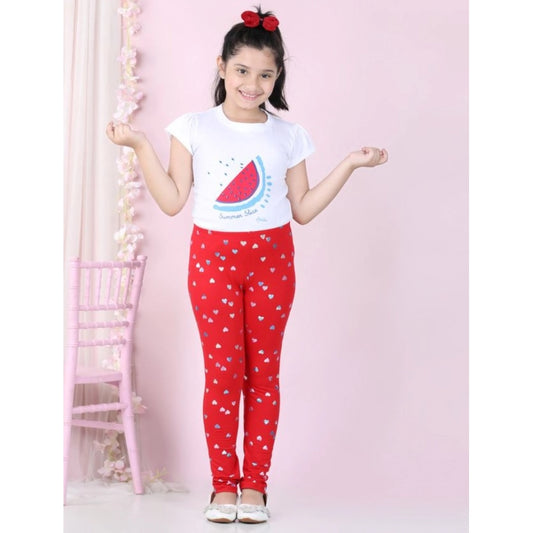 Confident Girl's Cotton Lycra Embellished Elasticated Leggings (Red)