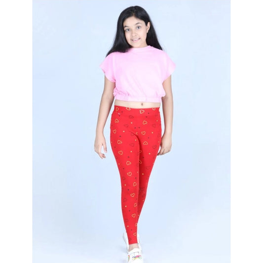 Trendy Girl's Cotton Lycra Printed Elasticated Leggings (Red)