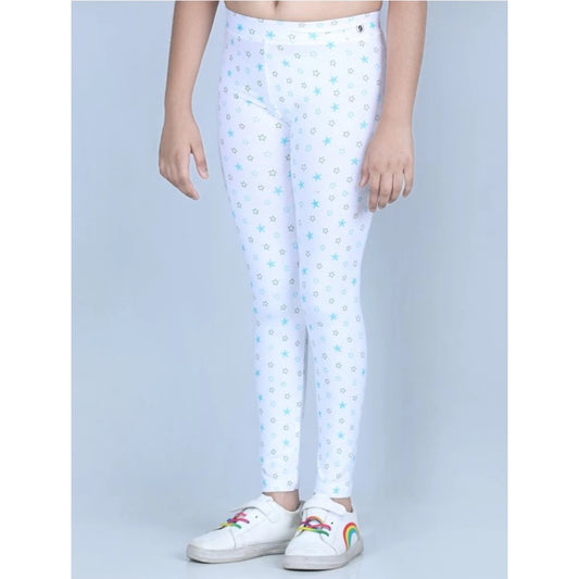 Lovely Girl's Cotton Lycra Printed Elasticated Leggings (White)