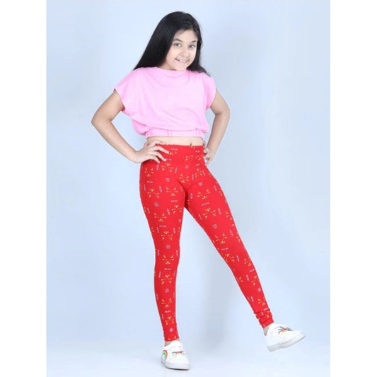 Pretty Girl's Cotton Lycra Printed Elasticated Leggings (Red)