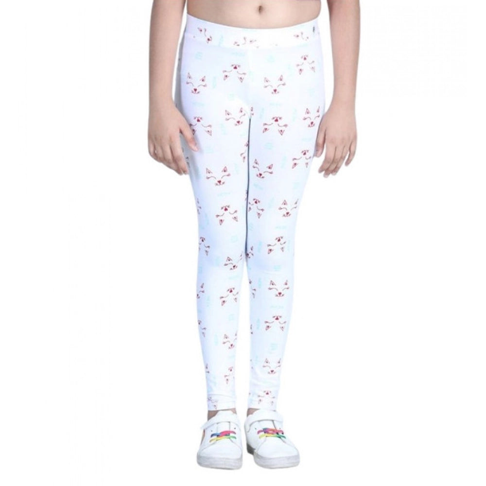 Girl's Cotton Lycra Printed Elasticated Leggings (White)