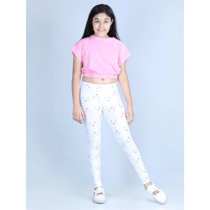 Girl's Cotton Lycra Printed Elasticated Leggings (White)