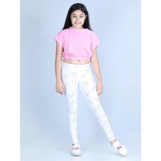 Delightful Girl's Cotton Lycra Printed Elasticated Leggings (White)
