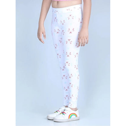 Girl's Cotton Lycra Printed Elasticated Leggings (White)