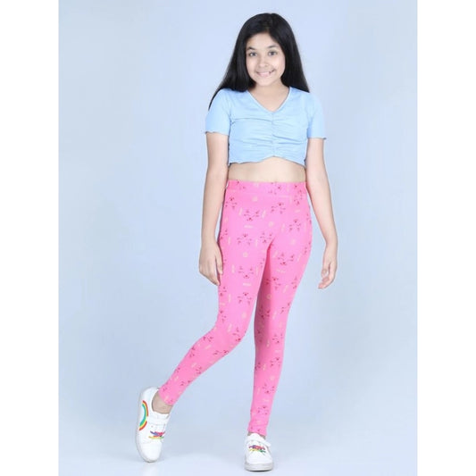 Elegant Girl's Cotton Lycra Printed Elasticated Leggings (Pink)