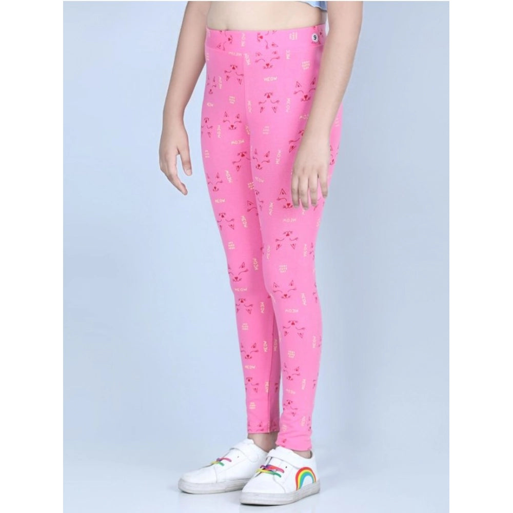 Girl's Cotton Lycra Printed Elasticated Leggings (Pink)