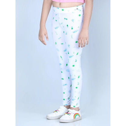 Girl's Cotton Lycra Printed Elasticated Leggings (White)