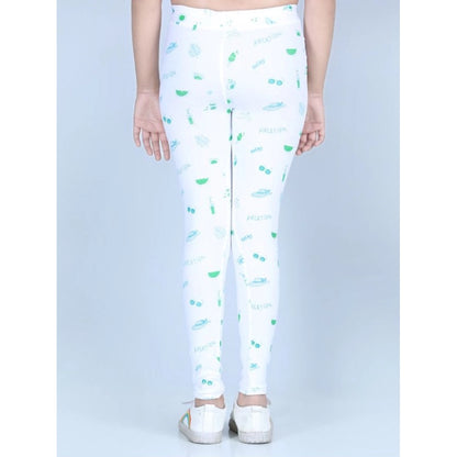 Girl's Cotton Lycra Printed Elasticated Leggings (White)