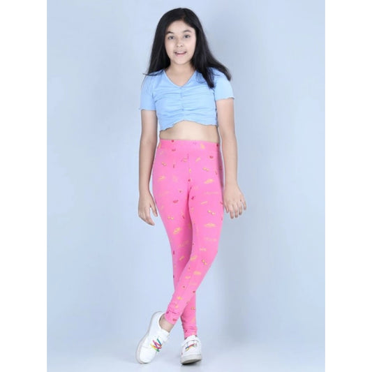 Edgy Girl's Cotton Lycra Printed Elasticated Leggings (Pink)