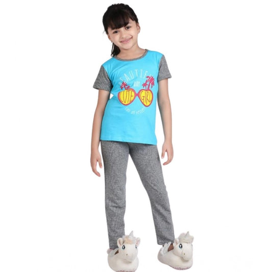 Charming Cotton Hosiery Printed Night Suit Set (Blue-Grey)