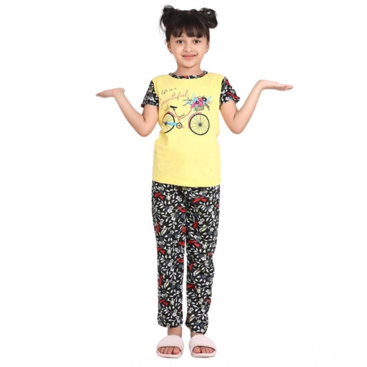 Elegant Cotton Hosiery Printed Night Suit Set (Yellow-Black)