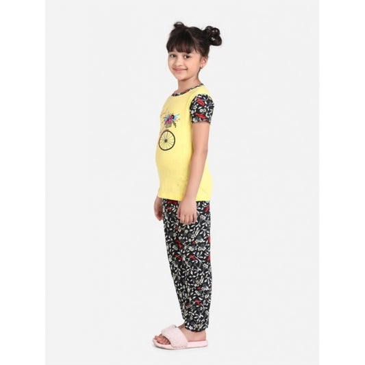 Elegant Cotton Hosiery Printed Night Suit Set (Yellow-Black)