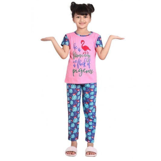 Enchanting Cotton Hosiery Printed Night Suit Set (Pink-Blue)