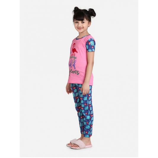 Enchanting Cotton Hosiery Printed Night Suit Set (Pink-Blue)