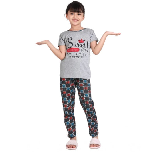 Modern Cotton Hosiery Printed Night Suit Set (Grey-Red)