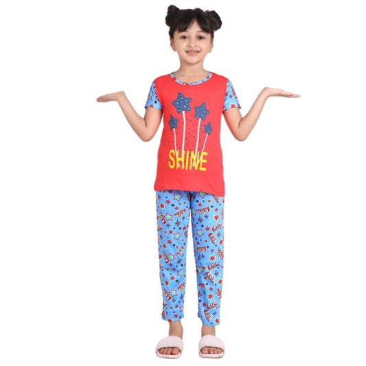 Elegant Cotton Hosiery Printed Night Suit Set (Red-Blue)