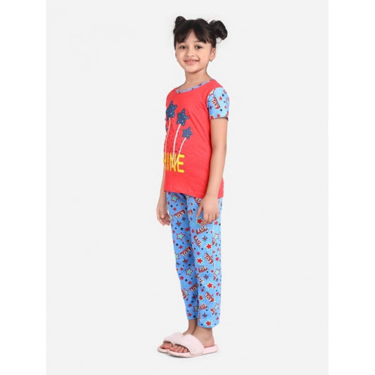 Elegant Cotton Hosiery Printed Night Suit Set (Red-Blue)