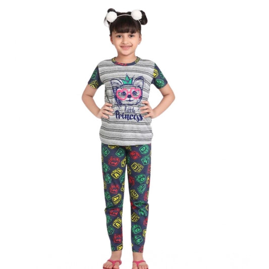 Confident Cotton Hosiery Printed Night Suit Set (Grey-Green)
