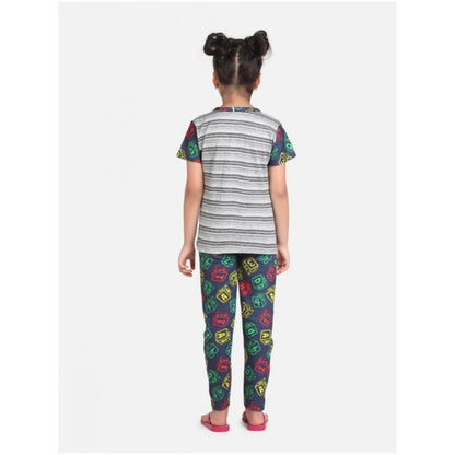 Girl's Cotton Hosiery Printed Night Suit Set (Grey-Green)