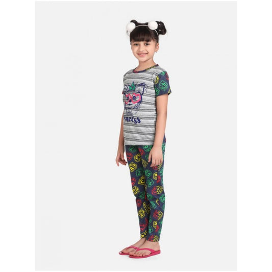 Confident Cotton Hosiery Printed Night Suit Set (Grey-Green)