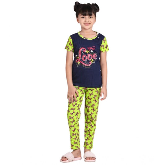Modern Cotton Hosiery Printed Night Suit Set (Navy-Green)