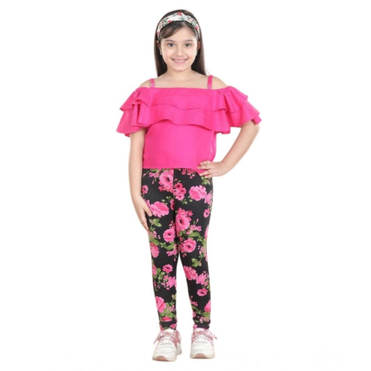Adorable Cotton Floral Elasticated Jegging and Top Set (Black-Pink)
