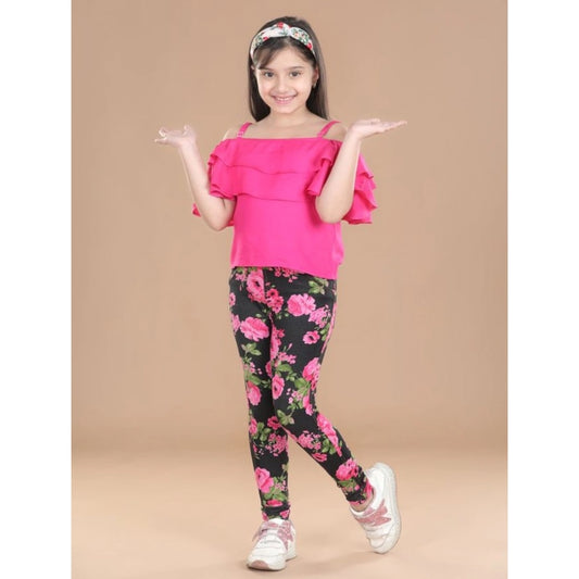 Adorable Cotton Floral Elasticated Jegging and Top Set (Black-Pink)