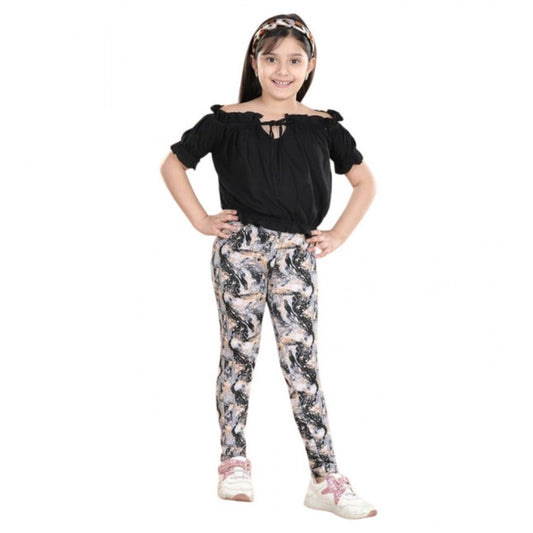 Charming Girl's Cotton Floral Elasticated Jegging and Top Set (Black)