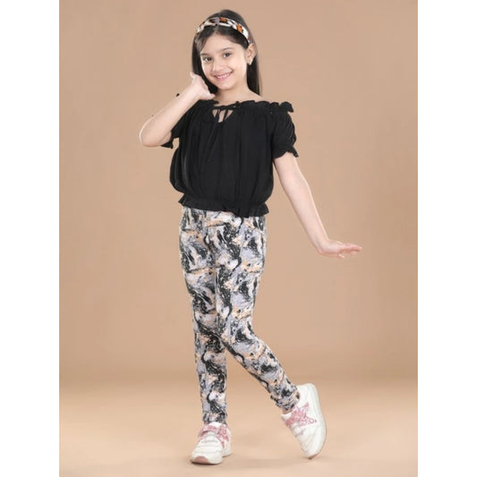 Charming Girl's Cotton Floral Elasticated Jegging and Top Set (Black)