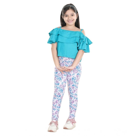 Dreamy Girl's Cotton Floral Elasticated Jegging and Top Set (Turquoise Blue)