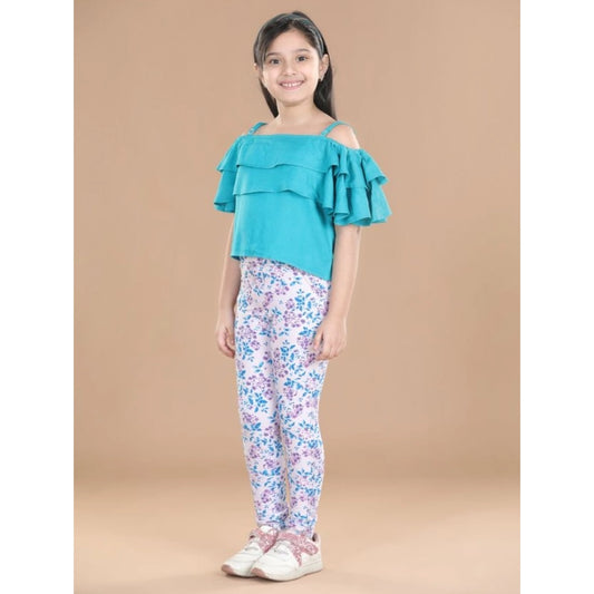 Dreamy Girl's Cotton Floral Elasticated Jegging and Top Set (Turquoise Blue)