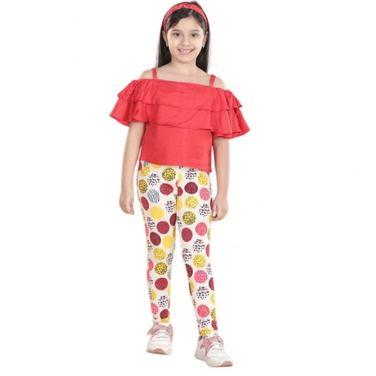 Pretty Girl's Cotton Floral Elasticated Jegging and Top Set (Red)