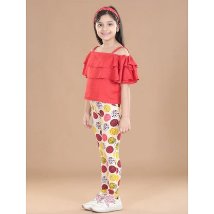 Girl's Cotton Floral Elasticated Jegging and Top Set (Red)