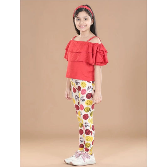 Pretty Girl's Cotton Floral Elasticated Jegging and Top Set (Red)