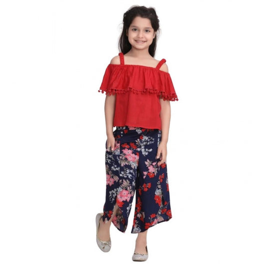 Joyful Girl's Rayon Crepe Printed Cold Shoulder Top and Pants Set (Red-Navy)