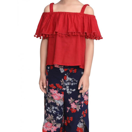 Joyful Girl's Rayon Crepe Printed Cold Shoulder Top and Pants Set (Red-Navy)