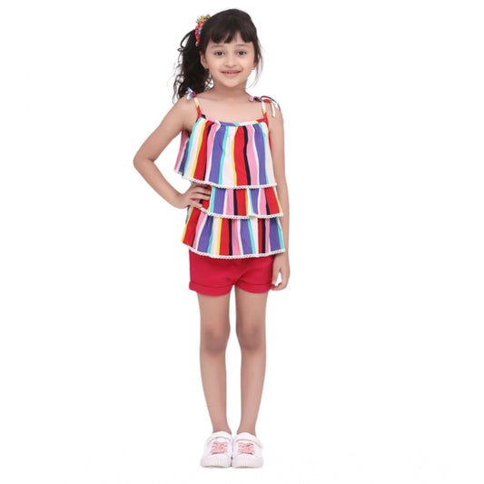 Charming Girl's Polyester Crepe Striped Tie Ups Shorts Set (Multicolor)