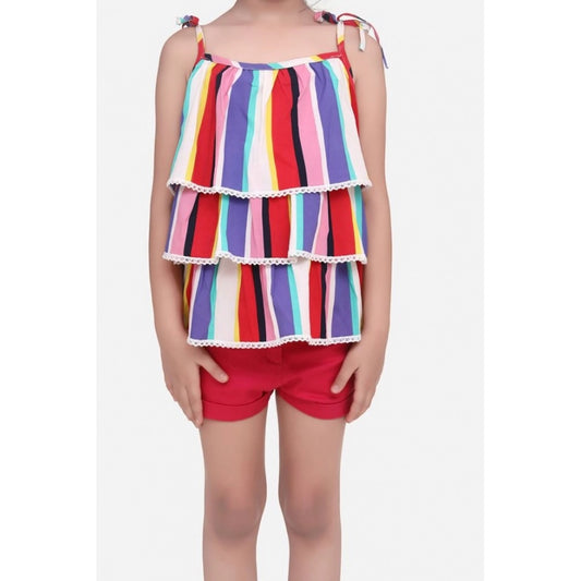 Charming Girl's Polyester Crepe Striped Tie Ups Shorts Set (Multicolor)
