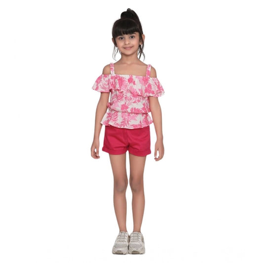 Dainty Girl's Cotton Floral Cold Shoulder Top and Shorts Set (Pink-Red)