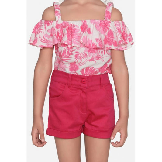Dainty Girl's Cotton Floral Cold Shoulder Top and Shorts Set (Pink-Red)
