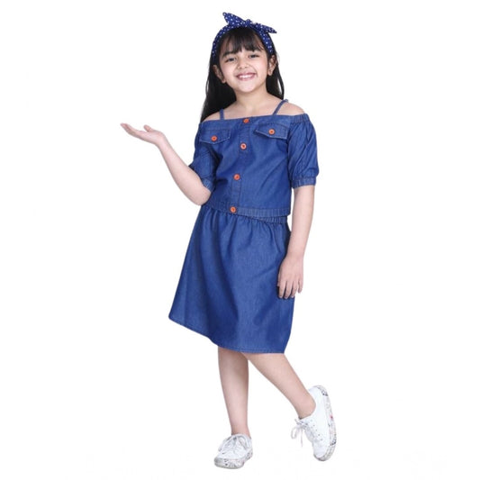 Elegant Girl's Denim Solid Cold Shoulder Top and Skirt Set (Navy Blue)