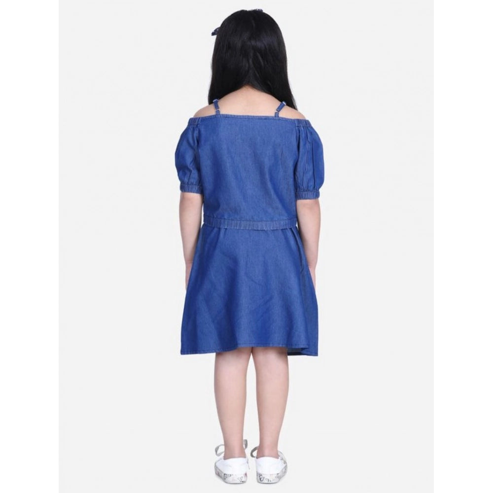 Girl's Denim Solid Cold Shoulder Top and Skirt Set (Navy Blue)