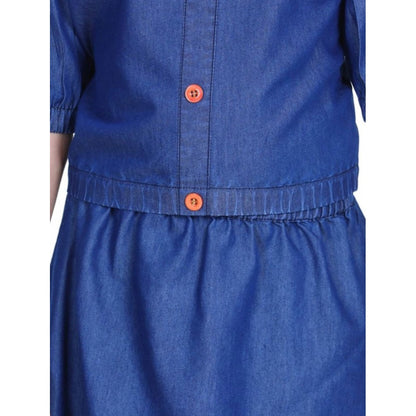 Girl's Denim Solid Cold Shoulder Top and Skirt Set (Navy Blue)